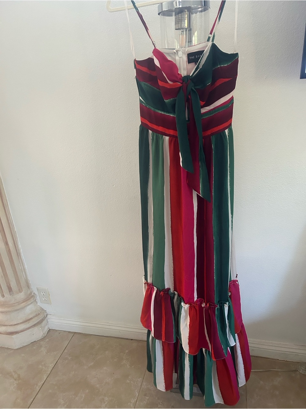 New Striped Tie-Front Maxi Dress in Green & Red